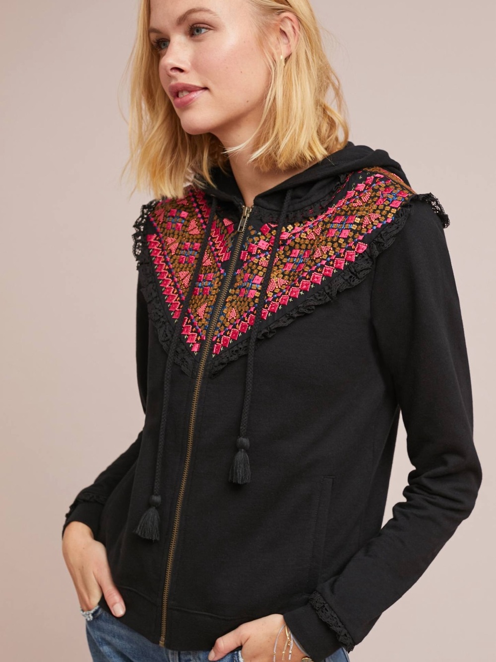 Anthropologie Akemi + Kin Embroidered Cotton Hoodie - Size S